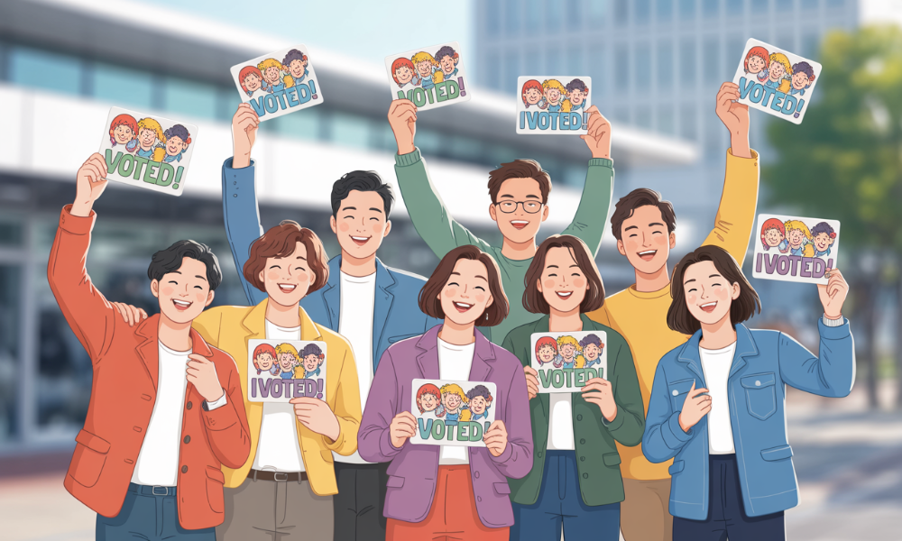 MZ세대가 직접 제작한 투표 인증 종이를 들고 웃는 모습. 캐릭터와 문구로 개성을 표현하며 투표를 독려하는 이미지.