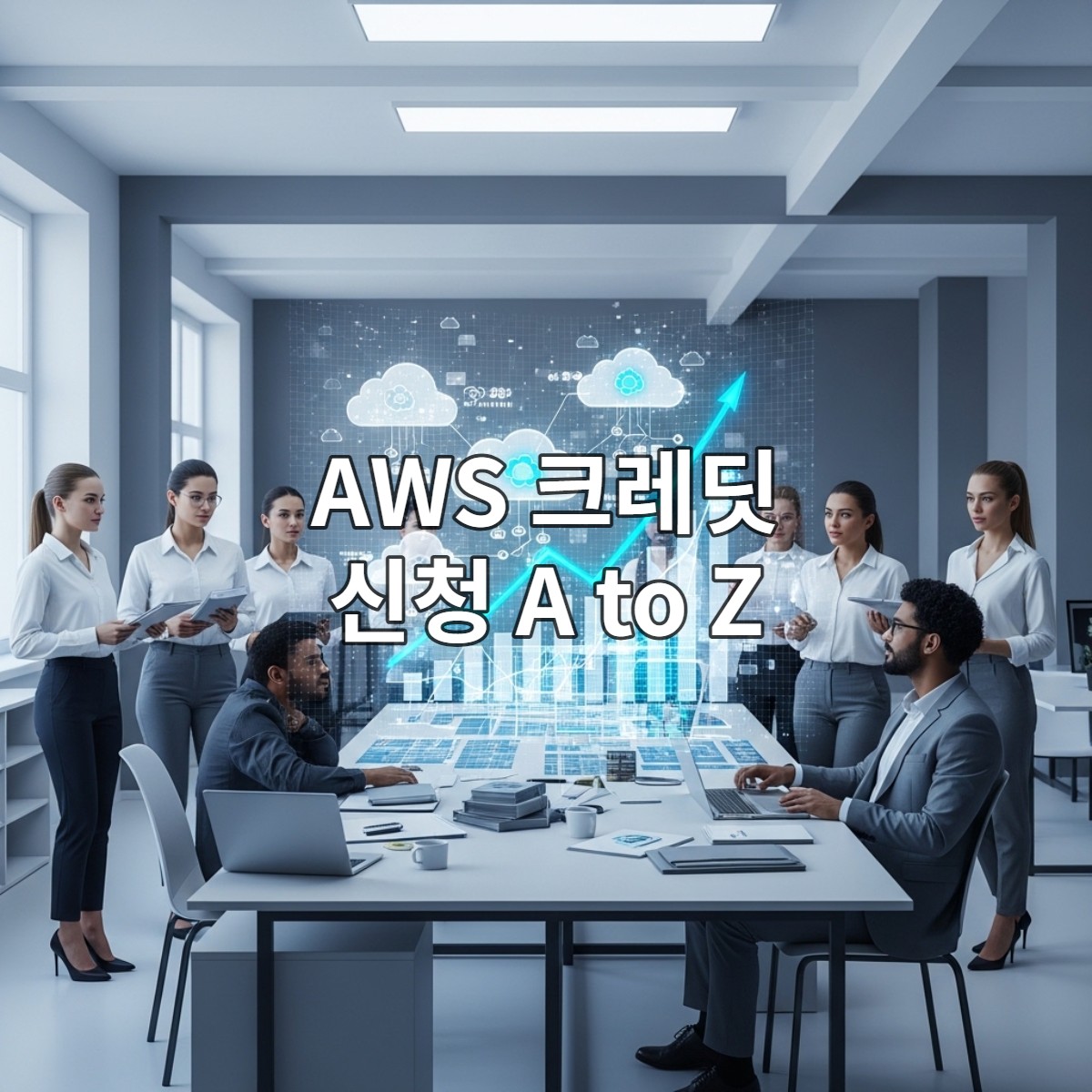 2026년 현대적인 스타트업 사무실에서 팀원들이 홀로그램 클라우드 인프라와 성장 그래프를 분석하며 협업하는 모습