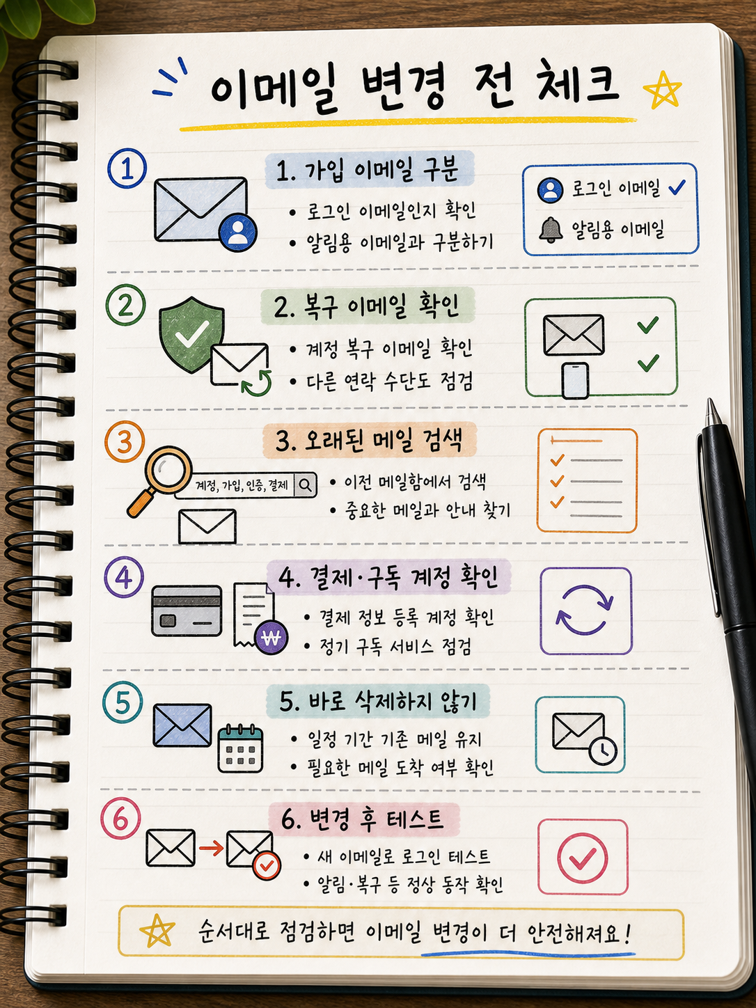 이메일 변경 전 체크 항목을 가입 이메일 복구 이메일 오래된 메일 검색 결제 구독 계정 바로 삭제하지 않기 변경 후 테스트로 요약한 노트형 인포그래픽