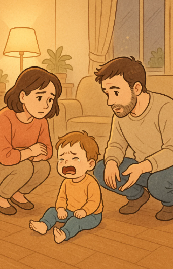 감정적으로 반응하는 아이와 눈을 맞추며 차분히 대화하는 부모