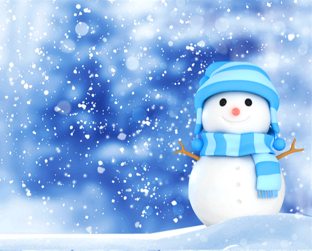 하얀 눈사람이 하늘색 모자와 톡도리를 하고 서 있다. 하늘에선 하얀 눈발이 내린다.