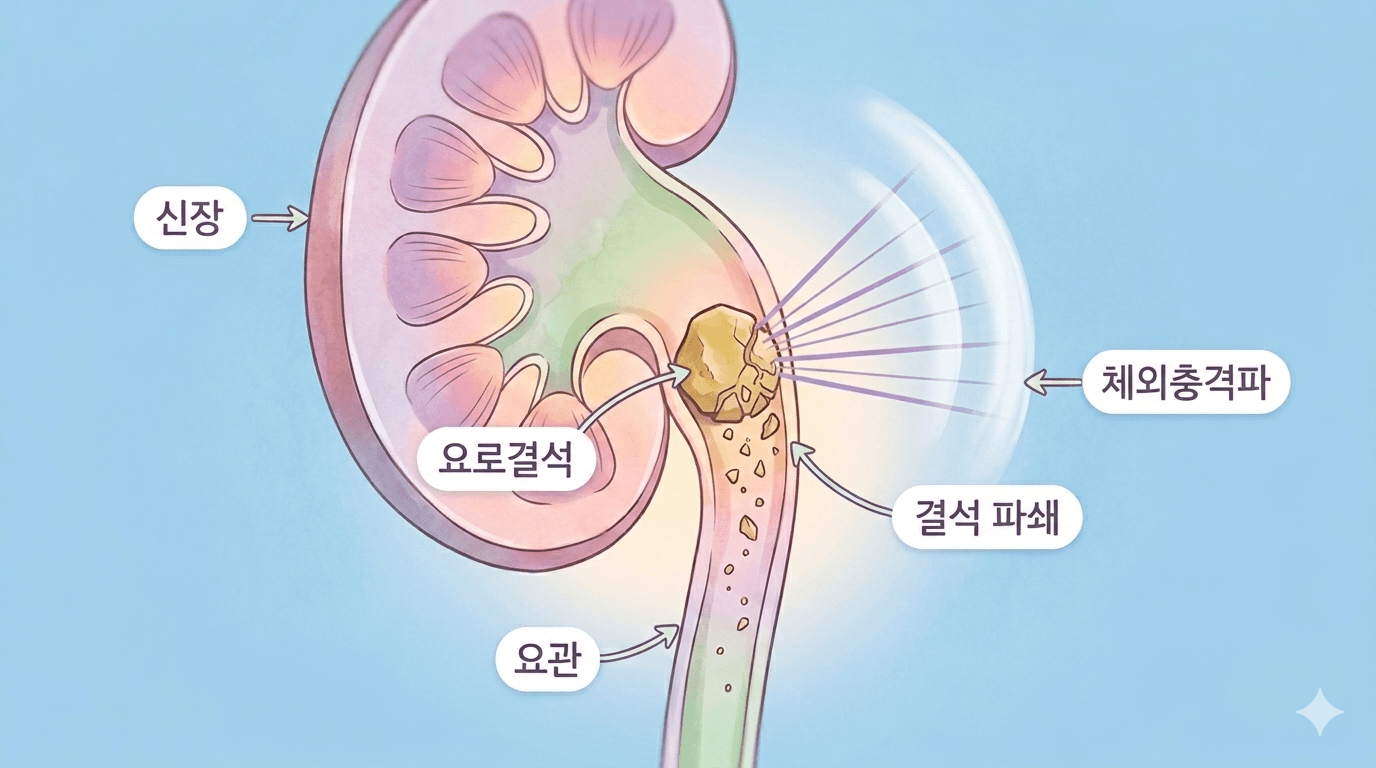 외부 충격파 에너지가 요로결석에 집중되어 돌이 부서지는 과정을 보여주는 파스텔톤 의학 일러스트