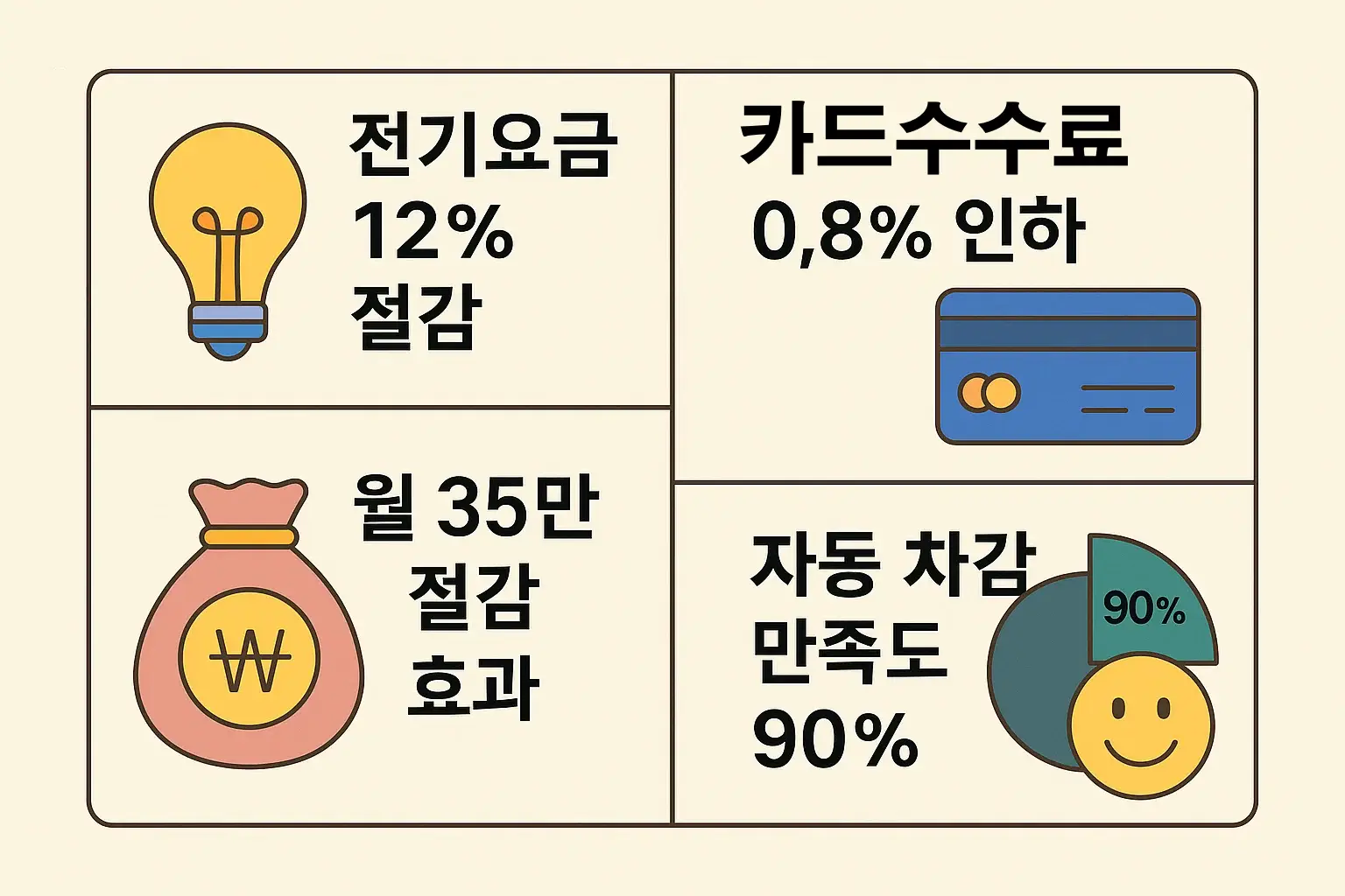 전기요금 12% 절감, 카드수수료 0.8% 인하, 월 35만 원 절감 효과, 자동 차감 만족도 90% 등 실제 지원 결과를 시각적으로 요약한 인포그래픽.