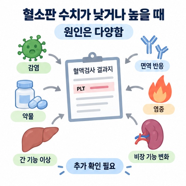 낮거나 높은 혈소판 수치의 다양한 원인을 상징 아이콘으로 보여주는 이미지
