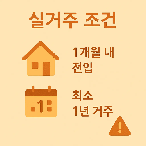 디딤돌대출 이용 시 1개월 내 전입 의무와 최소 1년 이상 실거주 조건이 반드시 필요하다는 내용을 알려주는 인포그래픽 이미지입니다.