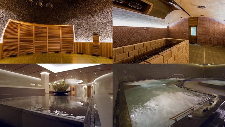 상단좌/우측사진은 찜질스파 내부 인테리어 사진으로 벽주변에 나무로된 창살처럼 생긴 모양의 디자인과 벽돌로 직사각형모양으로 쌓아올린 화로모양의 디자인이며 아래쪽사진은 실내 스파 사진으로 물이 흘러 넘치고 거품이 수중에서 부글부글 끓어 오르는 모습