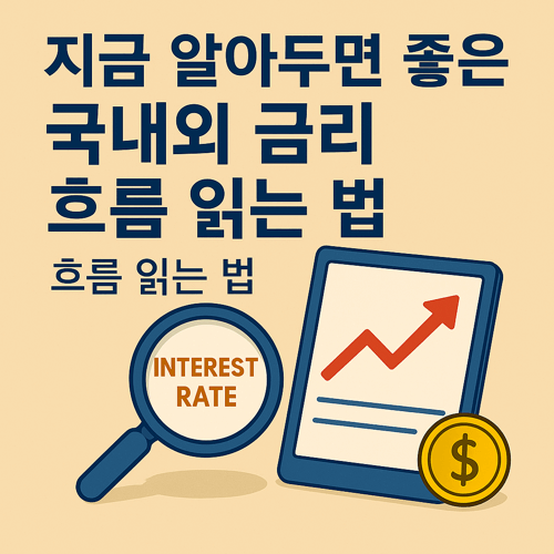 국내외 금리 흐름을 이해하는 방법을 주제로 한 썸네일 이미지로, INTEREST RATE 텍스트가 있는 확대경, 상승 그래프가 표시된 태블릿, 금화 아이콘이 포함된 경제 인사이트 일러스트
