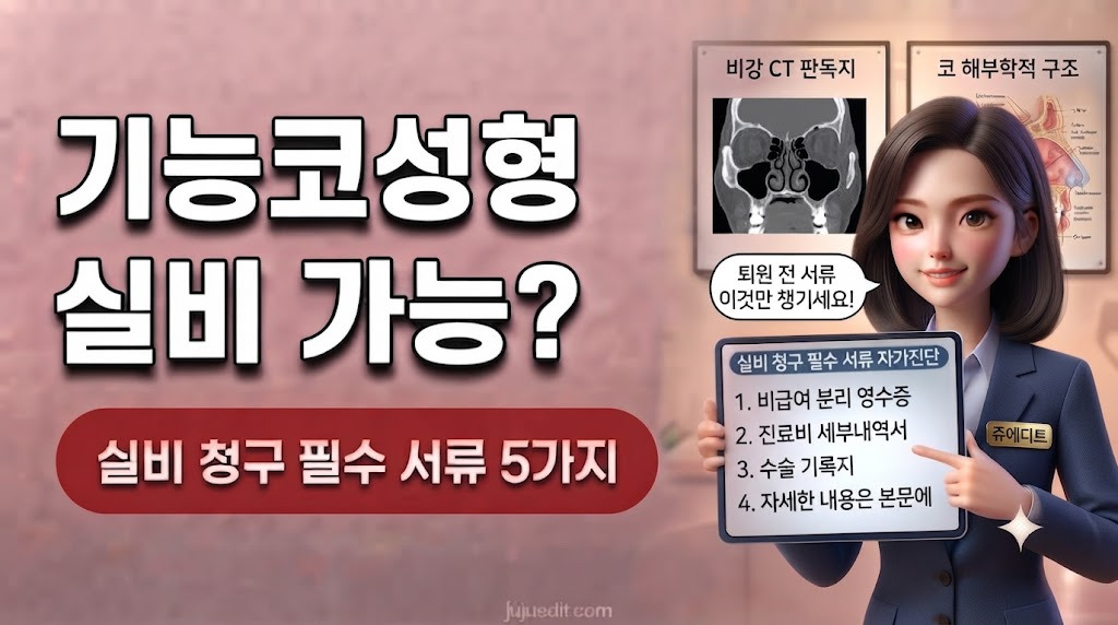 "기능코성형 실비 가능?" 문구와 실비 청구 필수 서류 자가진단 체크리스트를 안내하는 쥬에디트 캐릭터의 3D 인포그래픽 이미지