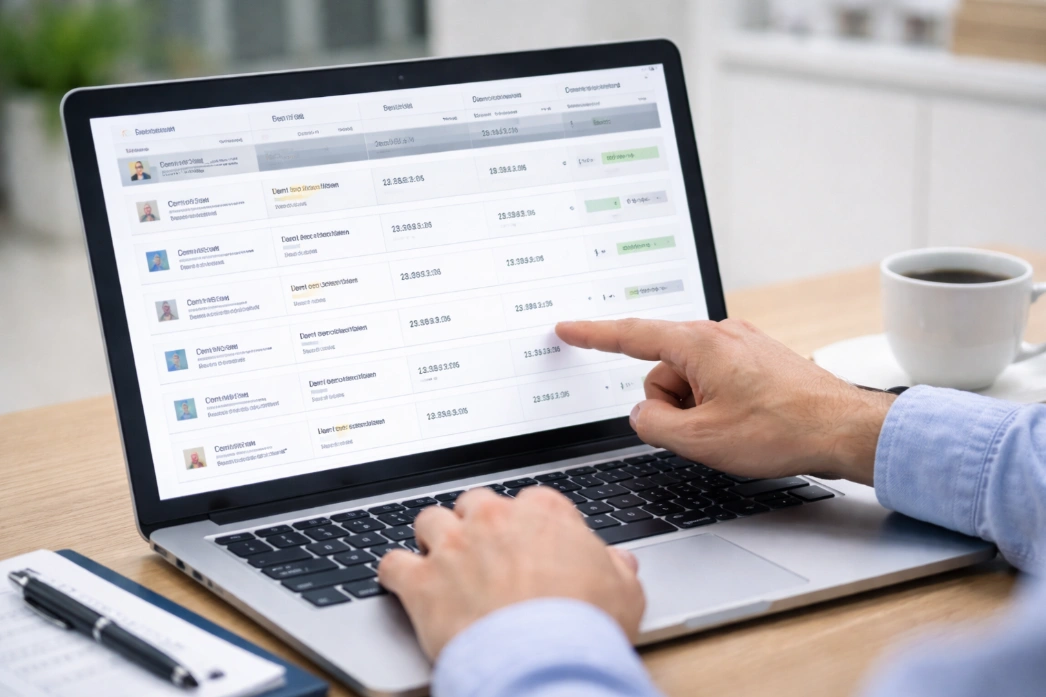 임플란트 뼈이식 비용을 비교하기 위해 노트북으로 여러 치과의 비급여 진료비 정보를 확인하는 장면
