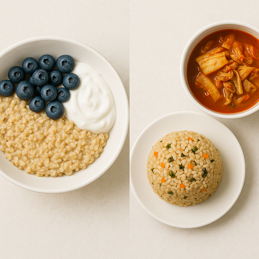 오트밀, 블루베리, 요거트	곤약볶음밥, 김치찌개