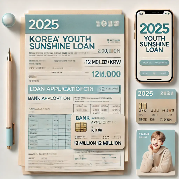 하얀 배경 위에 정리된 청년 저금리 대출 신청서, 1,200만원 승인서, 금융 앱이 켜진 스마트폰, 정부 지원 전단지의 전문 스튜디오 촬영 사진