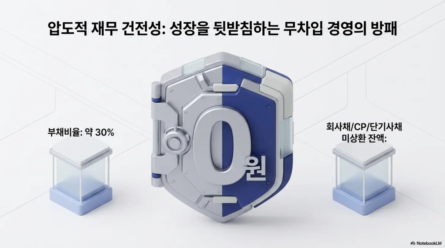 대덕전자 주가 전망: 대덕전자의 부채비율 약 30%&amp;#44; 회사채&middot;CP&middot;단기사채 미상환 잔액 0원을 금고 방패로 표현한 이미지. 성장을 뒷받침하는 무차입 경영의 재무 건전성을 시각적으로 전달하며&amp;#44; 블로그의 대덕전자 재무제표와 실적 주제를 설명함
