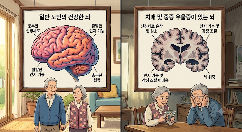 건강한 일반 노인의 뇌 사진과 중증 치매와 우울증에 노출된 뇌사진을 설명해 놓은 그림