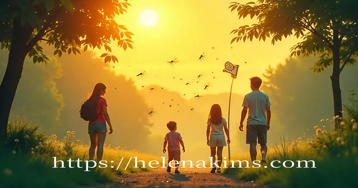 엄마와 아빠가 아이들과 함께 공원에서 산책하는 이미지.