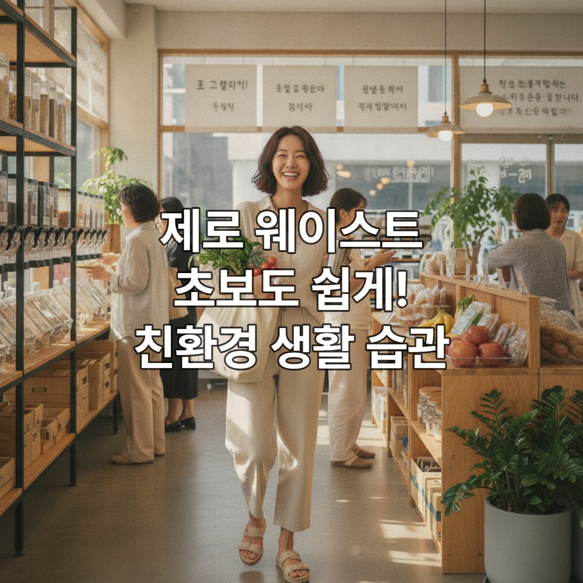 신선한 채소와 과일이 담긴 장바구니와 텀블러를 들고 환하게 웃고 있는 20대 후반의 한국 여성.
