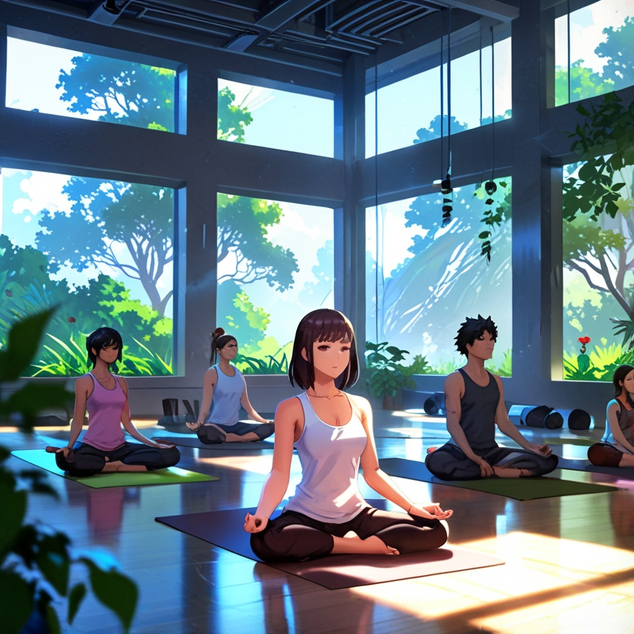 "창문으로 자연광이 비치는 현대적인 요가 스튜디오에서 남녀가 요가와 명상을 실천하는 모습. 2025년 웰니스 트렌드, 마인드풀니스, 디지털 디톡스, 건강한 라이프스타일을 반영한 이미지."