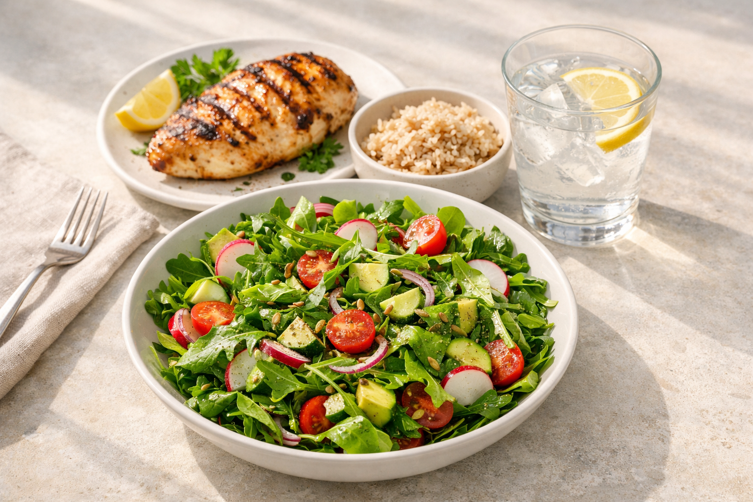 신선한 샐러드, 닭가슴살 구이와 현미밥. 레몬 한 조각이 든 물잔.