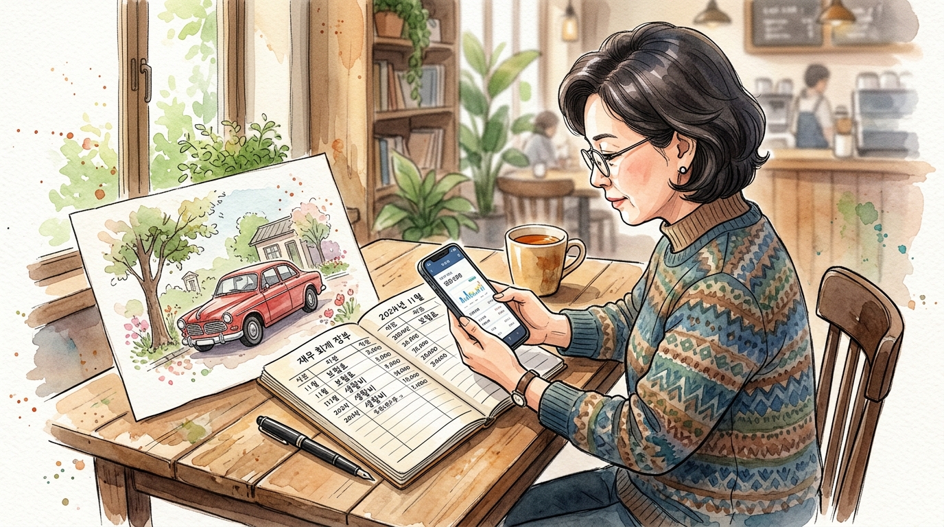 6월 고지서 나오기 전에 위택스로 자동차세 할인 받아 가계부를 정리하고 있는 중년여성의 모습.