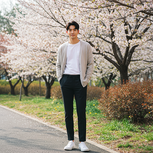 만개한 벚꽃을 배경으로 깨끗한 흰색 셔츠와 슬림핏 베이지색 슬랙스를 입고 서 있는 남성의 모습입니다. 밝은 표정으로 옅은 미소를 짓고 있으며, 깔끔한 블랙 로퍼를 신어 댄디한 매력을 더했습니다.