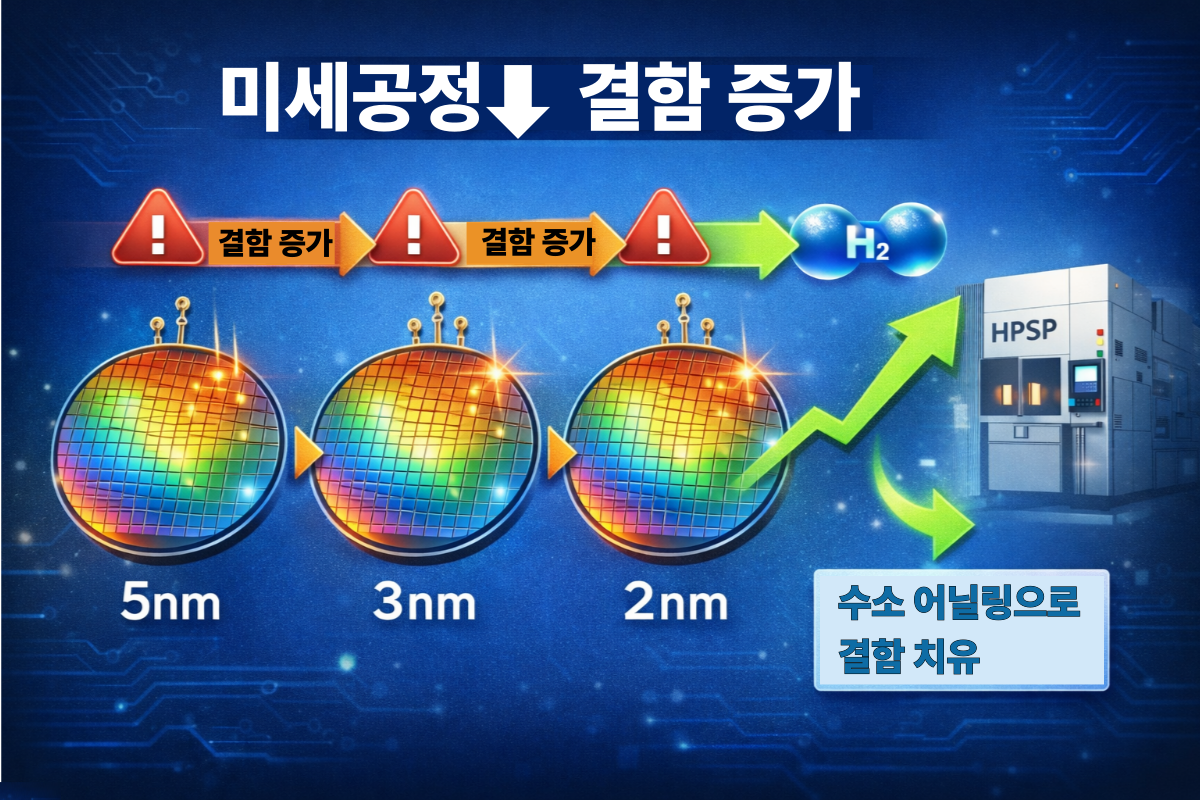5나노에서 2나노로 갈수록 증가하는 결함을 수소 어닐링으로 개선하는 공정 개념도