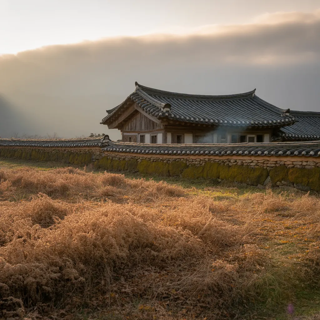 추분. 기와집과 수수가 있는 들판의 모습
