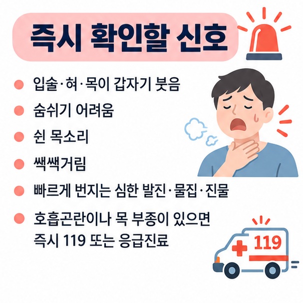입술 혀 목 부종 호흡곤란 쉰 목소리 쌕쌕거림 빠르게 번지는 발진 등 진료가 필요한 신호 체크리스트 이미지