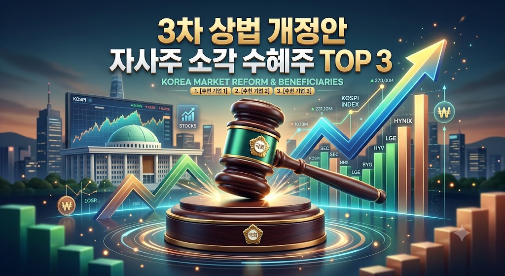 국회 의사봉 이미지와 한국 증시 상승 그래프가 합성된 3D 그래픽 (텍스트: 3차 상법 개정안 자사주 소각 수혜주 TOP 3)