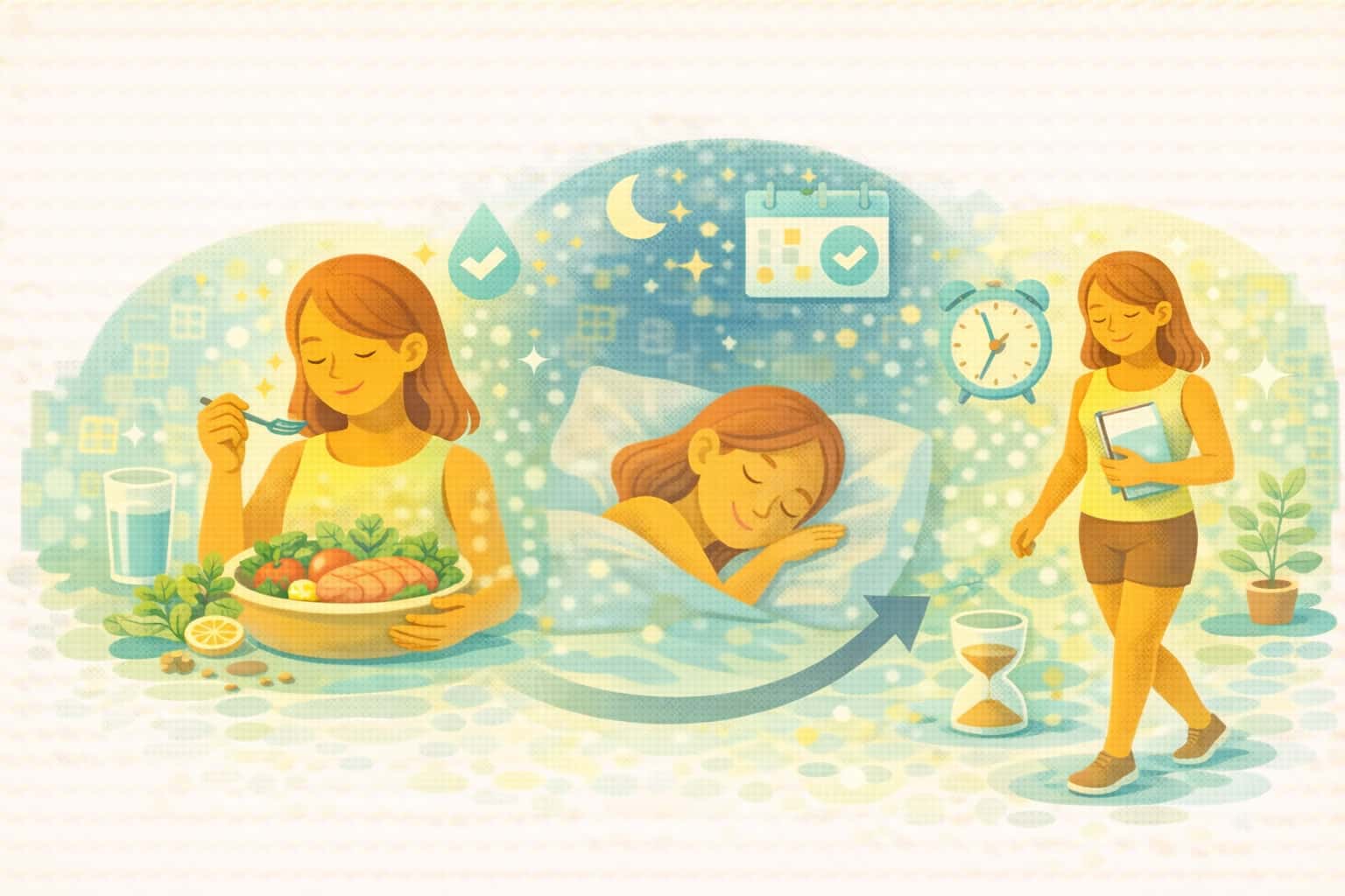 건강한 식단과 수면 습관, 일상 속 루틴 실천으로 스트레스를 관리하는 여성의 일러스트