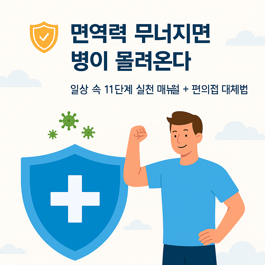 방패 아이콘과 건강한 남성이 함께 있는 밝은 인포그래픽, 제목은 ‘면역력 무너지면 병이 몰려온다’, 부제는 ‘일상 속 11단계 실천 매뉴얼 + 편의점 대체법’.”