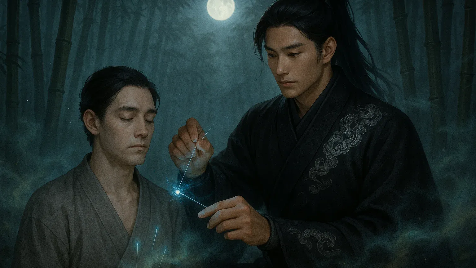 신마의선 주인공 단악선이 침술로 환자를 치료하는 장면을 배경으로 한 신비로운 무협 판타지 일러스트