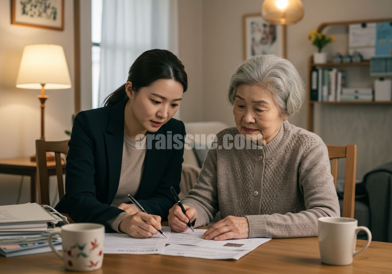 한국 성인 딸이 고령의 어머니 곁에 앉아 실손보험 청구 서류를 함께 작성하는 장면. 둘 다 집중한 표정이며, 테이블 위에는 다양한 서류와 커피잔이 놓여 있고 따뜻한 가정집 실내가 배경을 가득 채움.