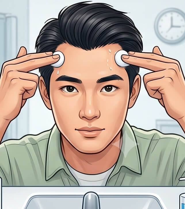 거울을 보며 머리를 만지는 모습