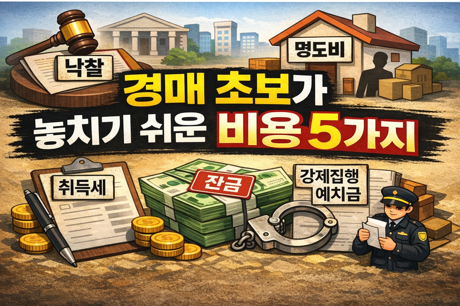 부동산 경매 초보가 놓치기 쉬운 비용 5가지 정리 이미지 (취득세, 잔금, 명도비, 강제집행 예치금 등)