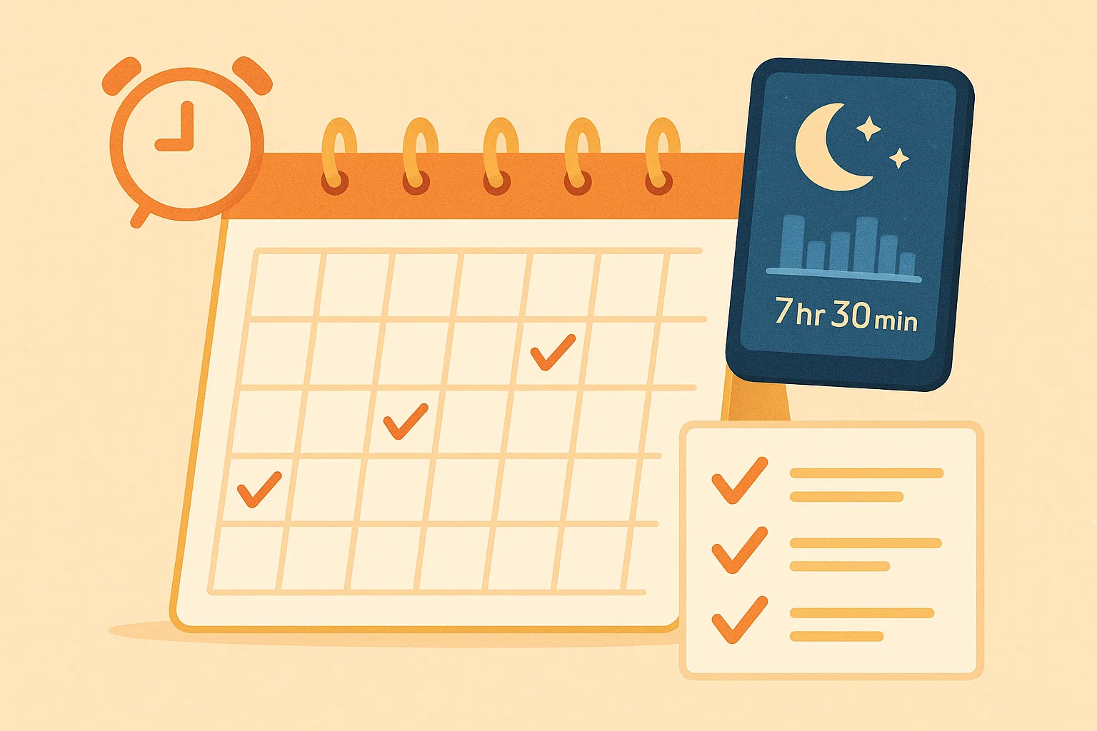 달력 위에 기상&middot;취침 알람 아이콘, 수면 앱 화면, 체크리스트