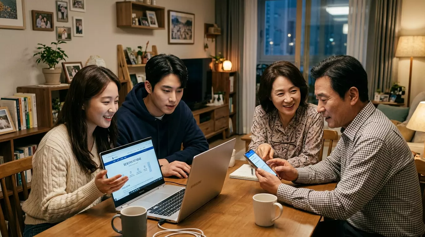청년과 중장년 부부가 정부 지원금을 확인하고 있는 장면