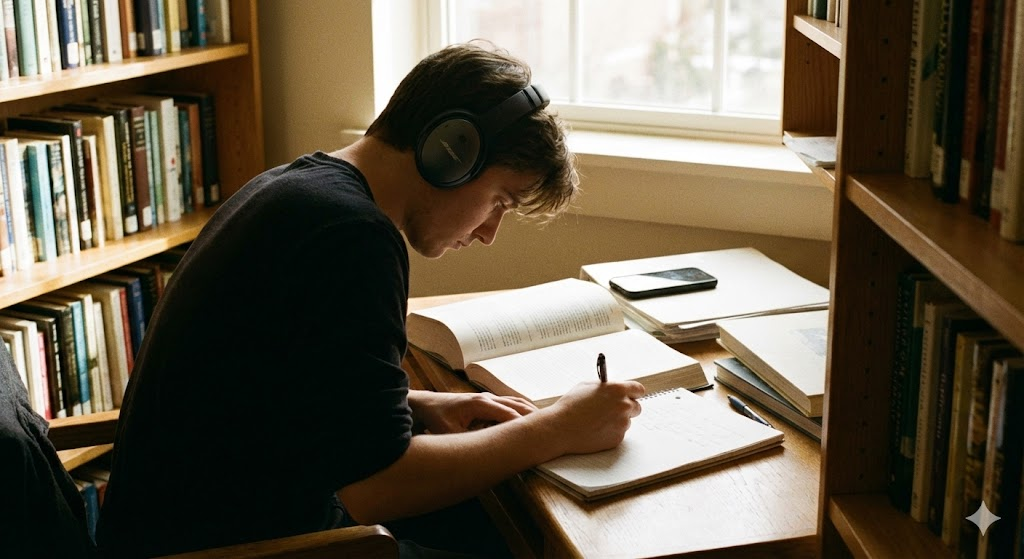 도서관에서 헤드폰을 끼고 책에 집중하는 남자 딥 워크 칼 뉴포트