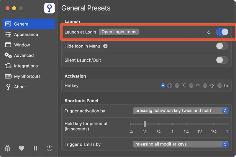 부팅시 실행되게 하려면 Launch at Login 옵션을 활성화 해준다.