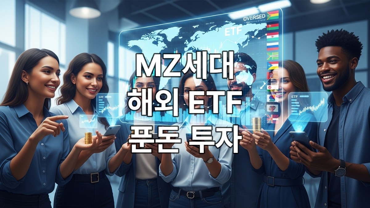 글로벌 주식 차트와 세계 지도를 배경으로 소액으로 해외 ETF에 투자하는 MZ세대 사회초년생들이 스마트폰을 들고 밝게 미소 짓는 모습