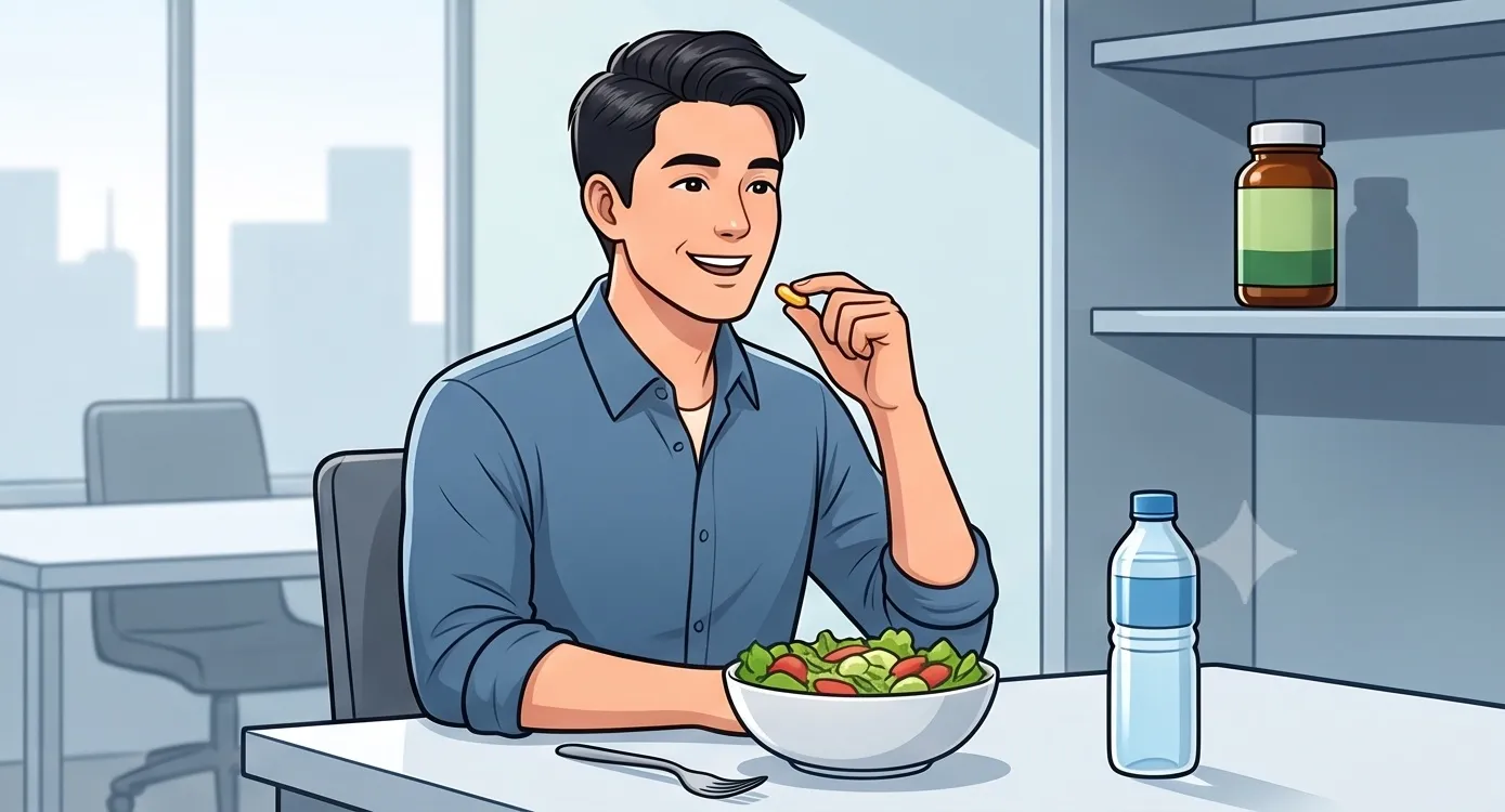 샐러드 식사와 함께 물을 마시며 오메가3 영양제를 편안하게 복용하는 남성