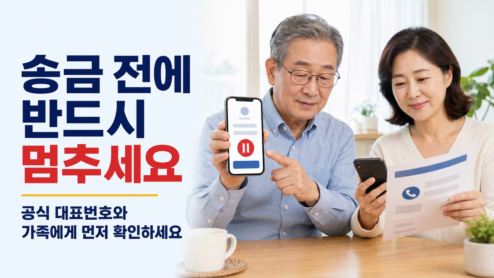 의심스러운 투자 권유 문자의 개인정보를 가리고 AI 위험 점검표와 공식 신고번호를 확인하는 70대 한국인 남성