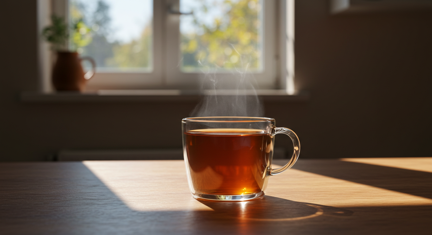 아침 햇살 아래 놓인 유리잔의 따뜻한 차, 작지만 깊은 기쁨의 순간을 표현한 이미지
