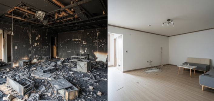 아산시 화재복구 작업 전후 모습 비교