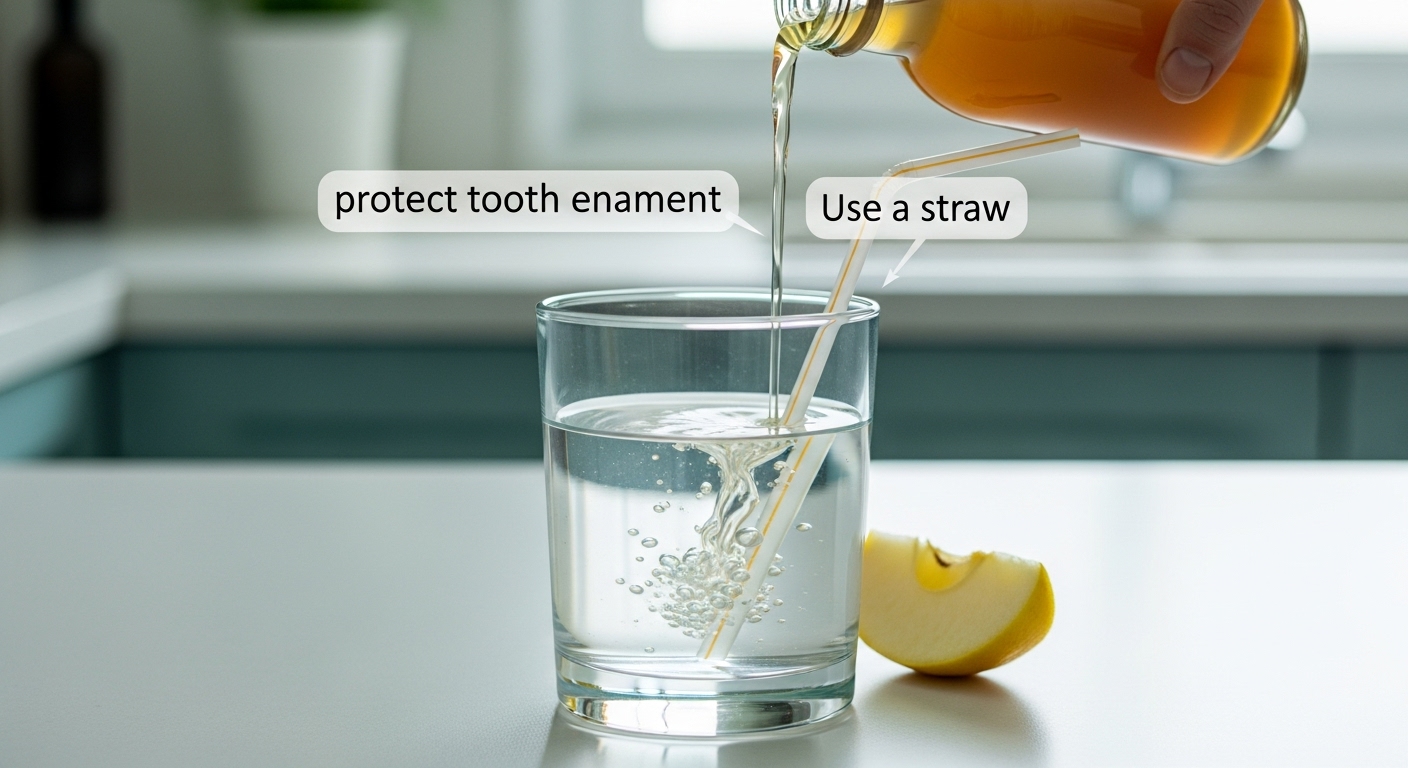 애플사이다비니거를 물에 희석하고 빨대를 사용하여 안전하게 마시는 모습을 보여주는 그림. 건강하고 올바른 섭취법을 강조합니다.