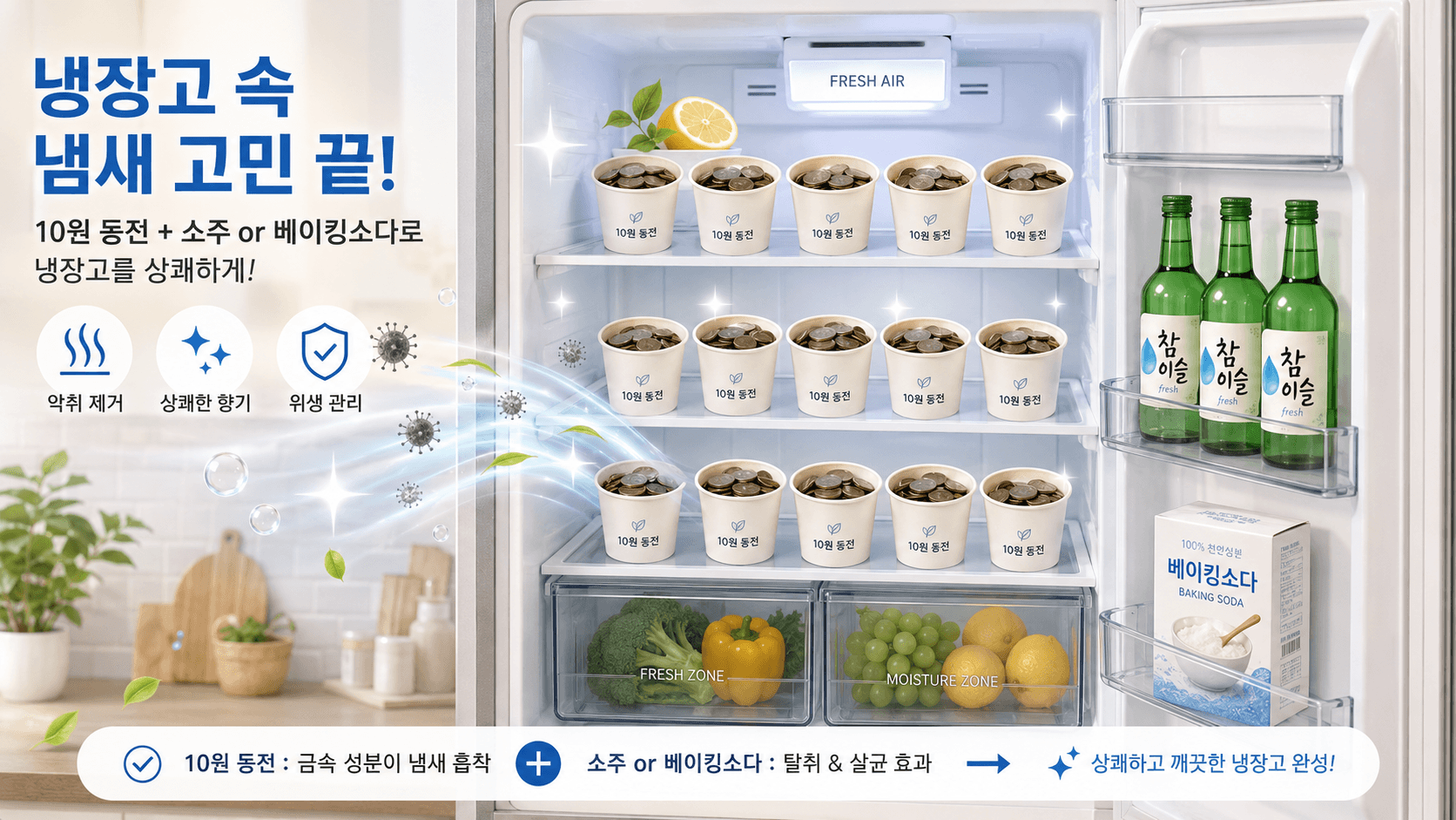 냉장고 문이 열려 있고 칸막이마다 10원짜리 동전 여러 개가 담긴 작은 종이컵, 그리고 옆 칸에는 소주병이나 베이킹소다가 깔끔하게 배치되어 있는 모습을 담은 일러스트