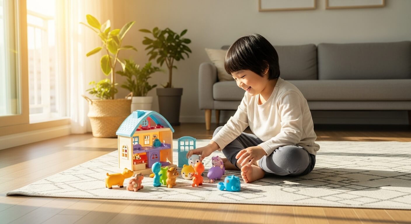 햇살이 비치는 한국 아파트 거실에서 어린 남자아이가 라부부 장난감 하우스와 피규어를 정리하며 즐겁게 노는 모습.