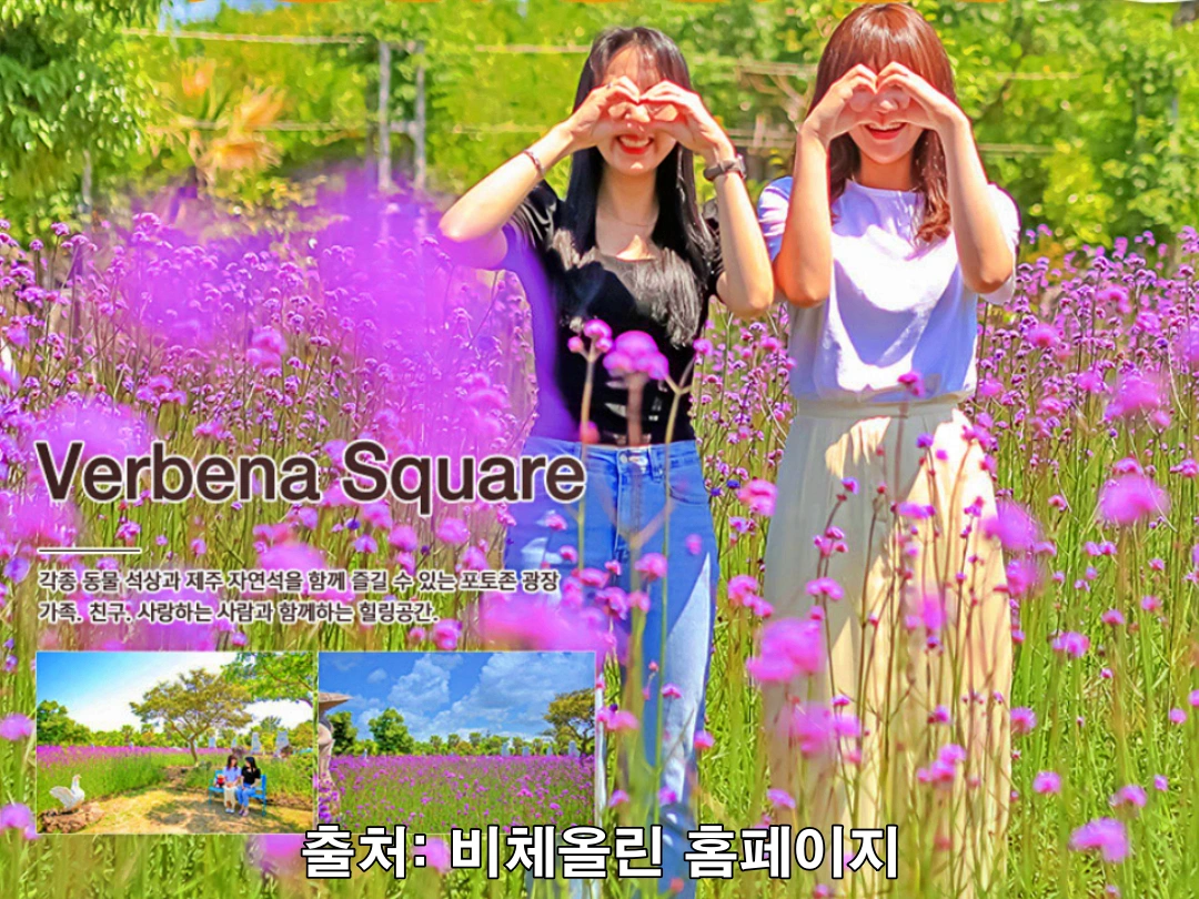 보라색 버베나가 만발한 곳에서 두 여자가 손으로 하트 모양을 하고 있다.