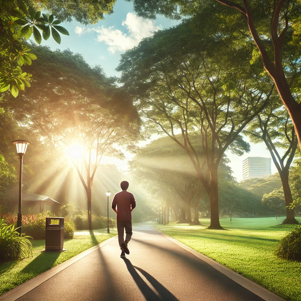 DALL·E 2025-03-19 18.21.24 - A high-quality, professional image of a person taking a 10-minute walk in the morning sunshine. The scene is set in a beautiful park with lush green t.webp