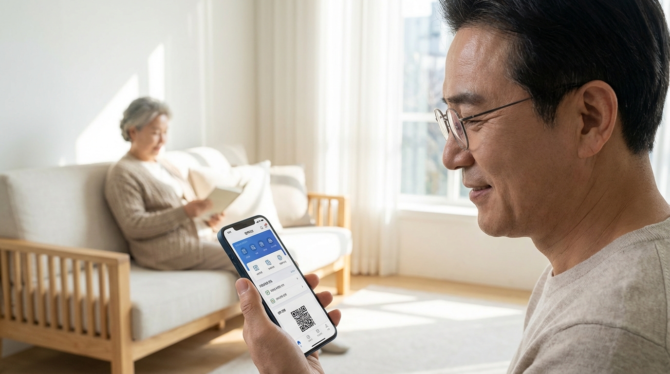 거실에서 스마트폰 앱을 이용해 부모님의 장기요양등급 신청을 진행 중인 가족의 모습