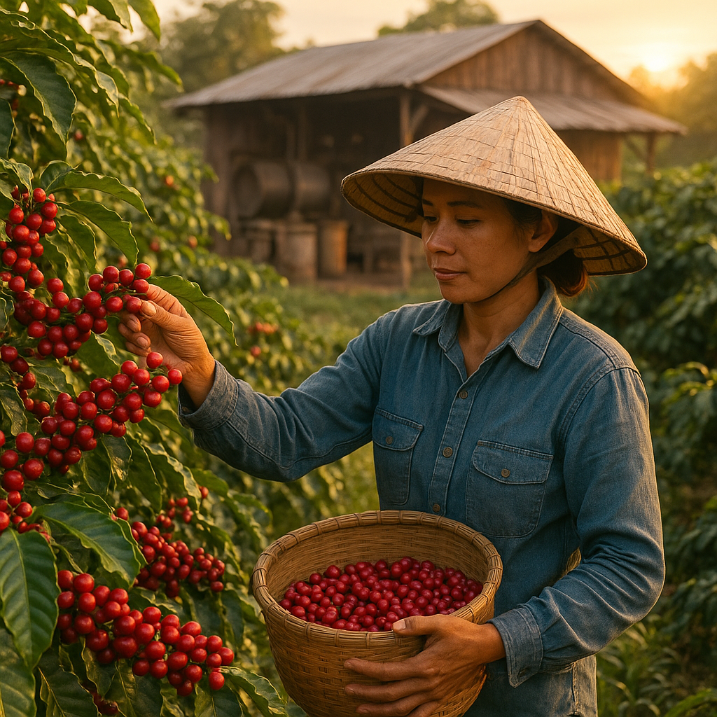 황금빛 아침 햇살 아래 전통 농모를 쓴 베트남 농부가 커피 체리를 바구니에 담고 있는 모습