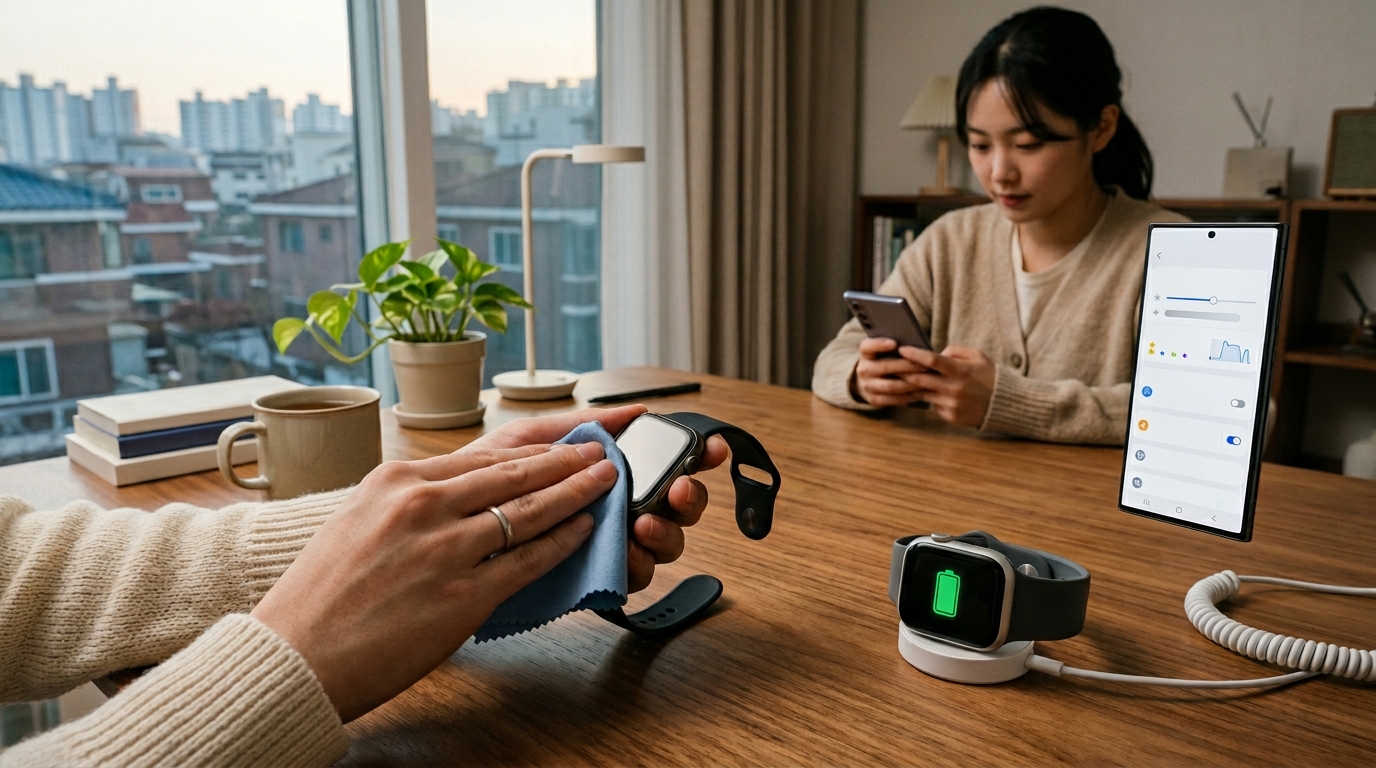 스마트워치 청소 및 충전, 설정 화면을 보여주는 모습